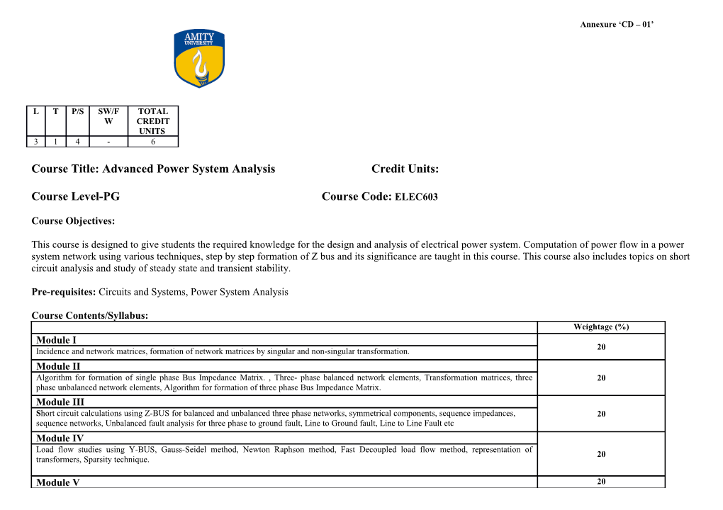 Course Title: Advanced Power System Analysis Credit Units