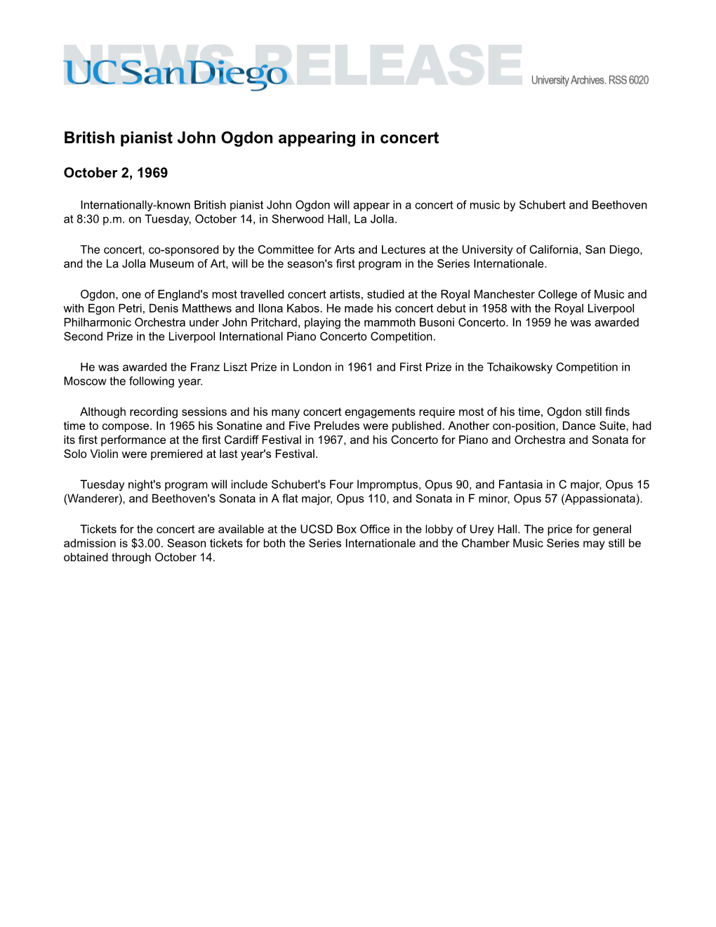 British Pianist John Ogdon Appearing in Concert