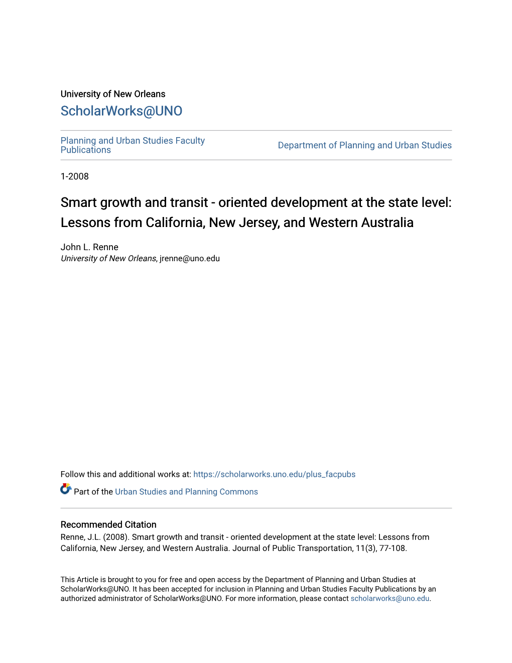 Smart Growth and Transit - Oriented Development at the State Level: Lessons from California, New Jersey, and Western Australia