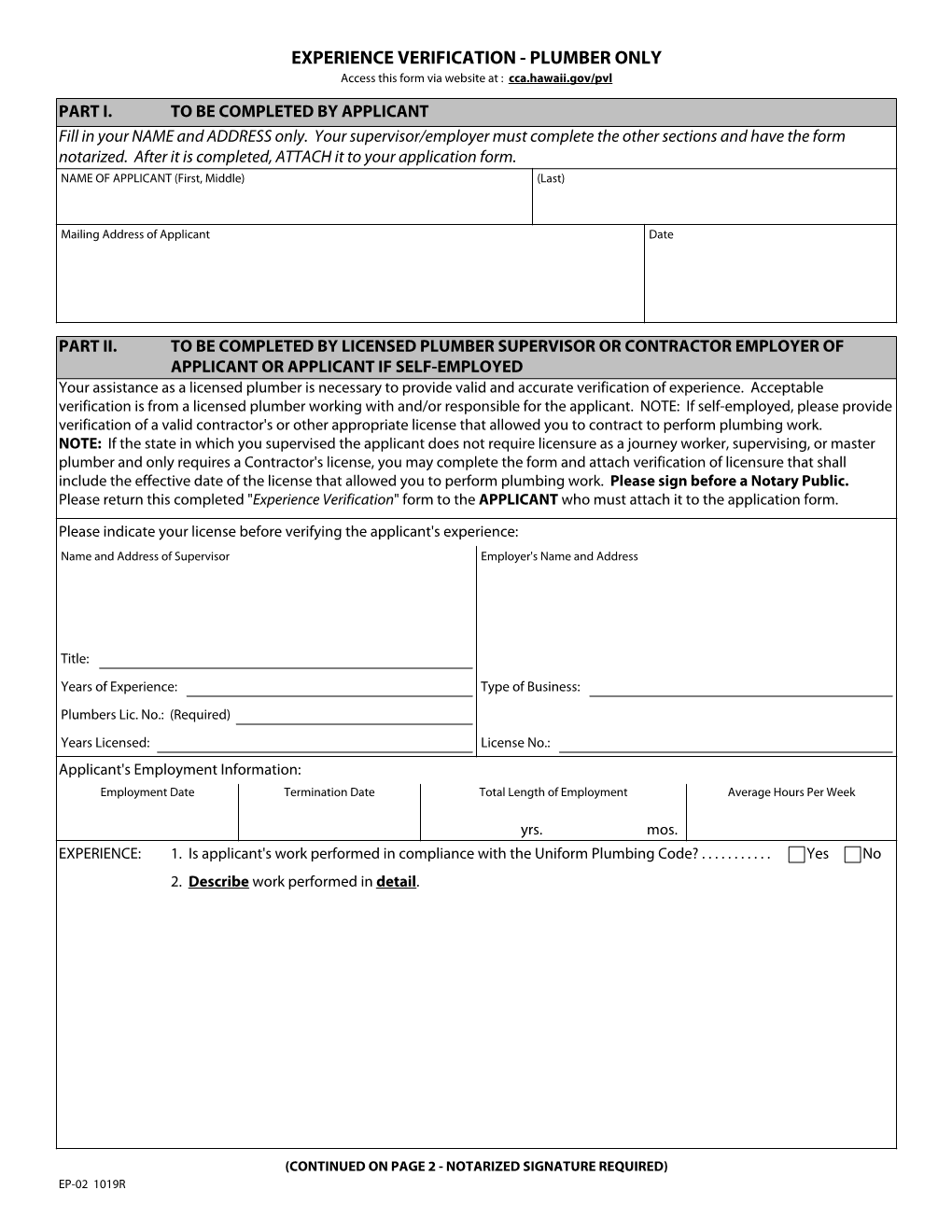 EXPERIENCE VERIFICATION - PLUMBER ONLY Access This Form Via Website at : Cca.Hawaii.Gov/Pvl