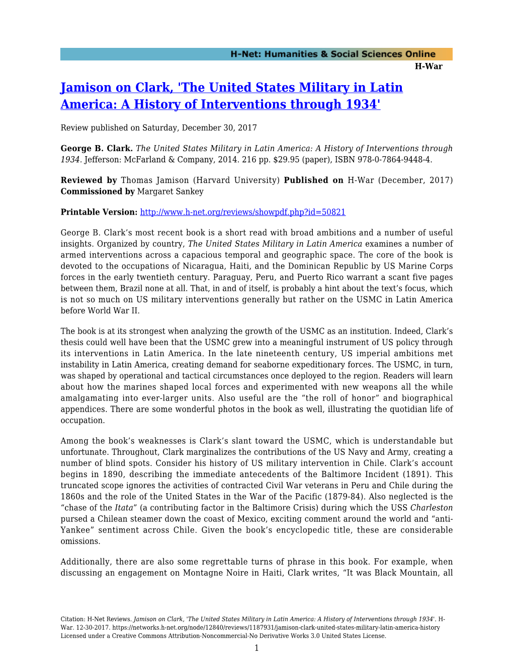 Jamison on Clark, 'The United States Military in Latin America: a History of Interventions Through 1934'