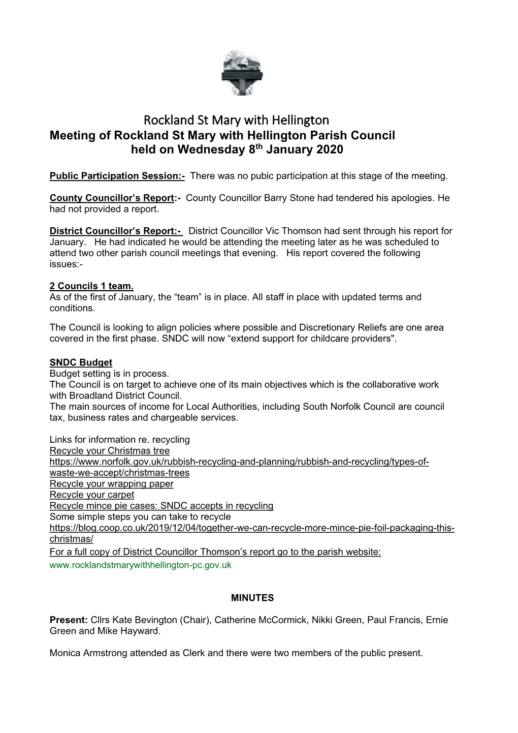 Rockland St Mary with Hellington Parish Council Held on Wednesday 8Th January 2020
