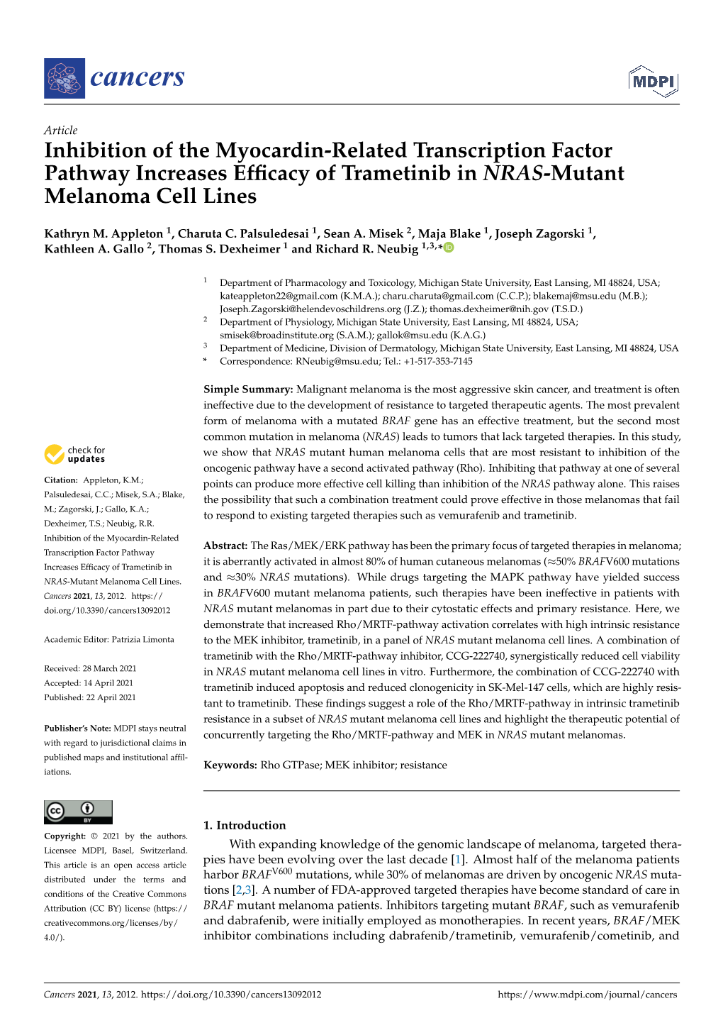 Inhibition of the Myocardin-Related Transcription Factor Pathway Increases Efficacy of Trametinib in NRAS-Mutant Melanoma Cell L