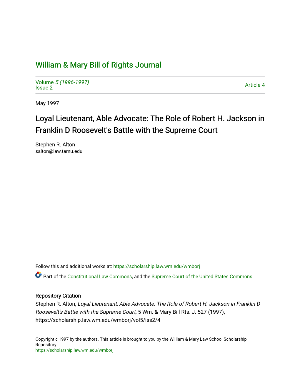 The Role of Robert H. Jackson in Franklin D Roosevelt's Battle with the Supreme Court