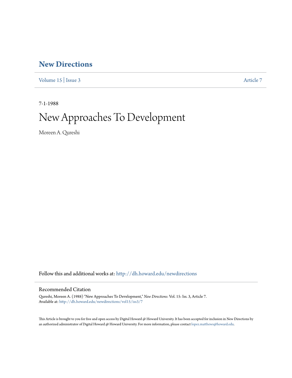 New Approaches to Development Moreen A