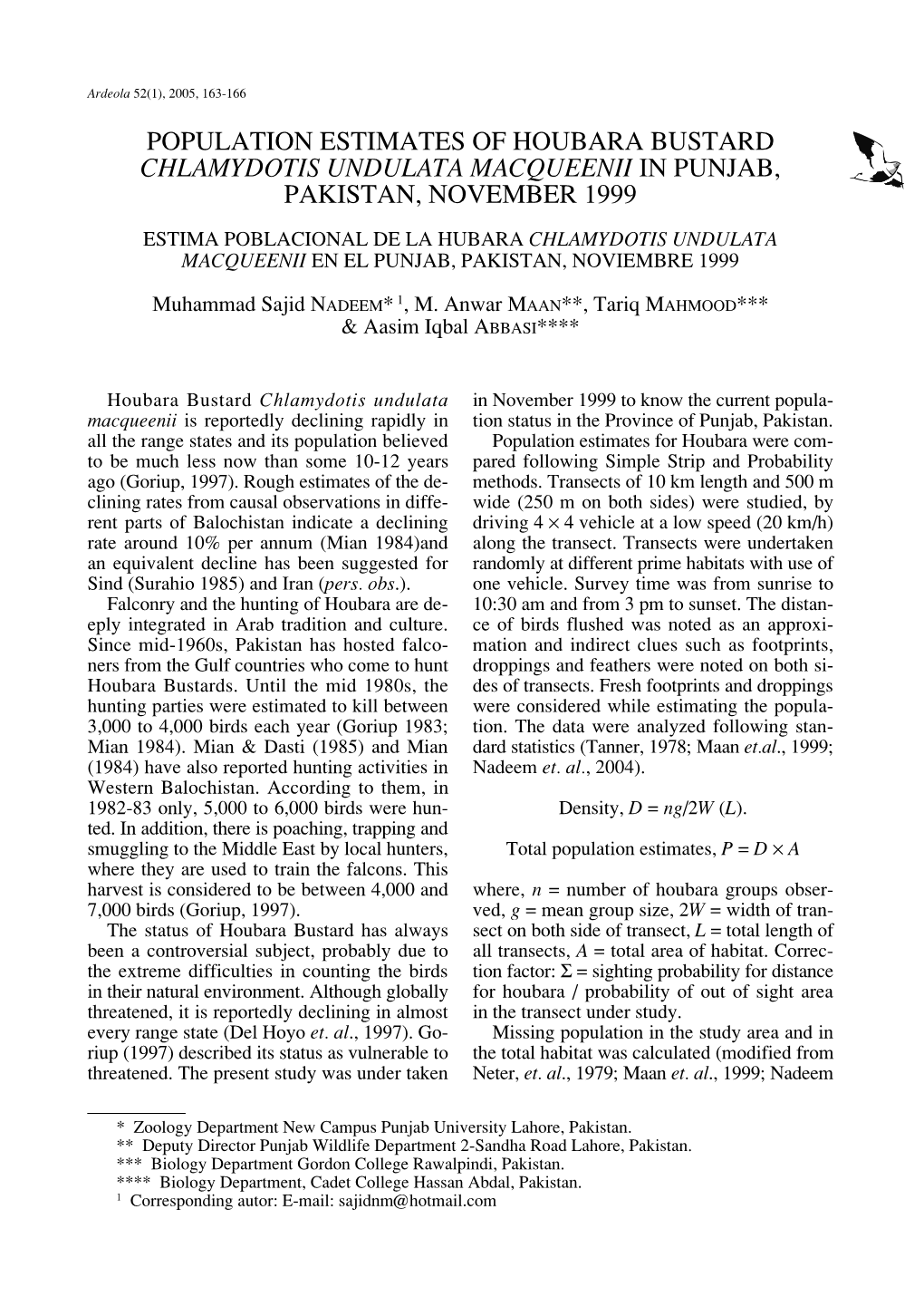 Population Estimates of Houbara Bustard Chlamydotis Undulata Macqueenii in Punjab, Pakistan, November 1999