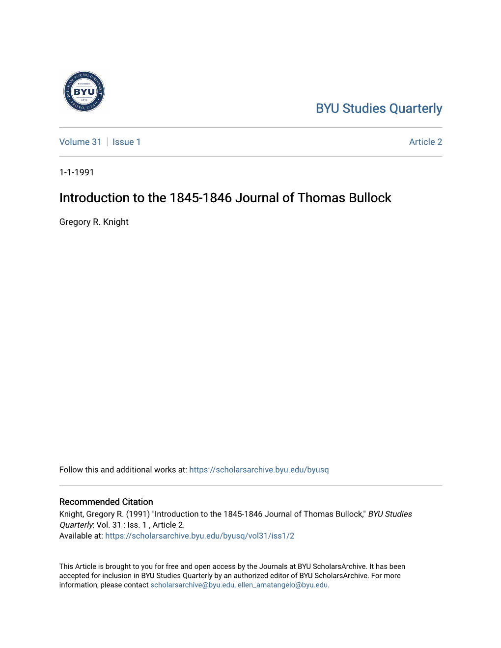 Introduction to the 1845-1846 Journal of Thomas Bullock
