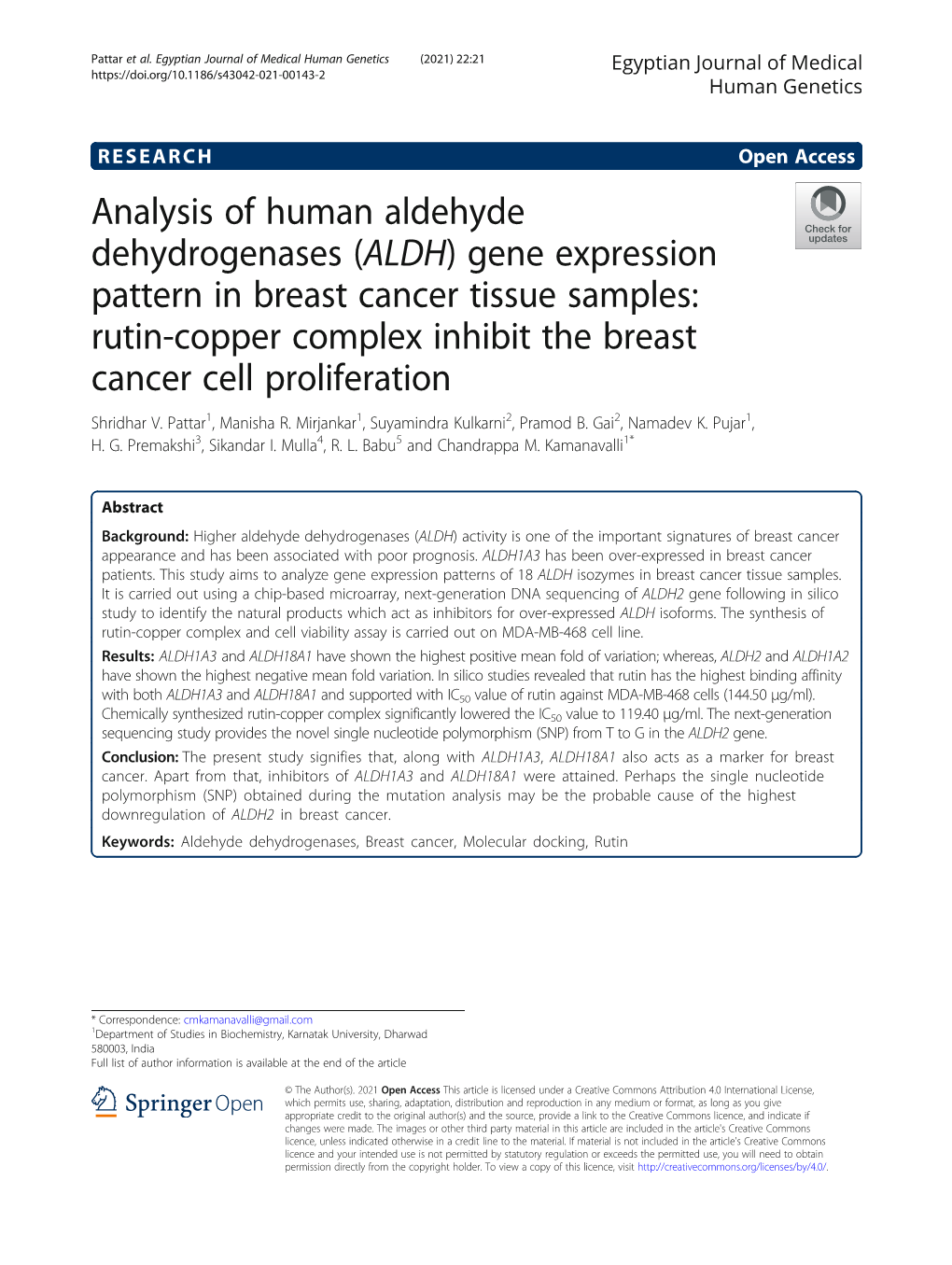 (ALDH) Gene Expression Pattern in Breast Cancer Tissue Samples: Rutin-Copper Complex Inhibit the Breast Cancer Cell Proliferation Shridhar V