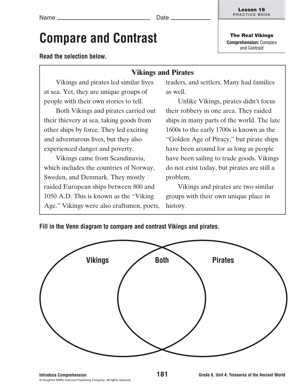 Compare and Contrast Comprehension: Compare and Contrast Read the Selection Below