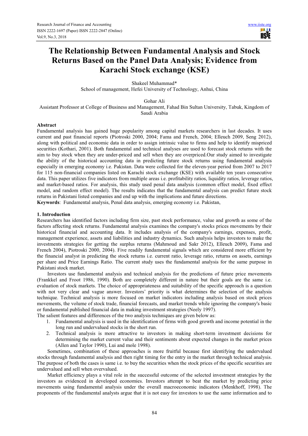 The Relationship Between Fundamental Analysis and Stock Returns Based on the Panel Data Analysis; Evidence from Karachi Stock Exchange (KSE)