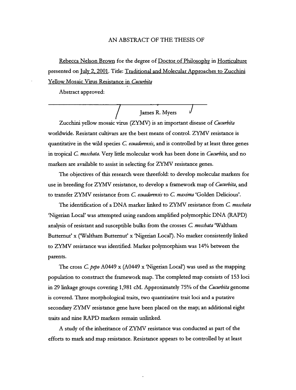 AN ABSTRACT of the THESIS of Rebecca Nelson Brown for The