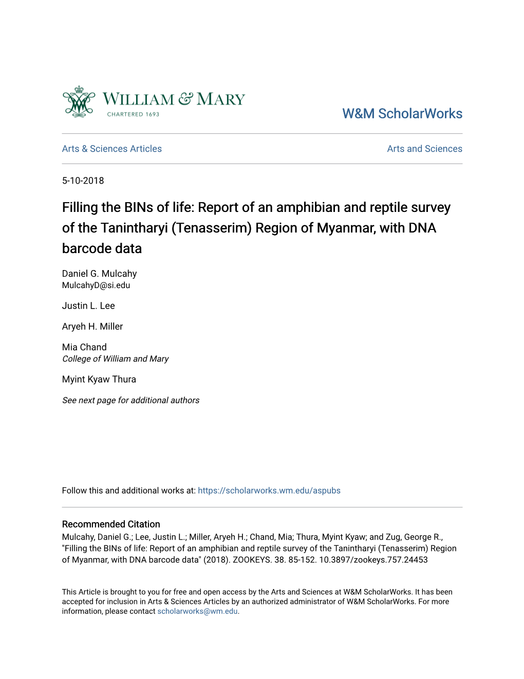 Filling the Bins of Life: Report of an Amphibian and Reptile Survey of the Tanintharyi (Tenasserim) Region of Myanmar, with DNA Barcode Data