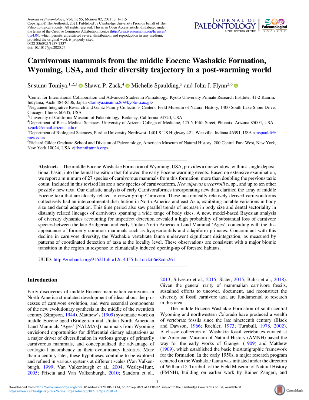 Carnivorous Mammals from the Middle Eocene Washakie Formation, Wyoming, USA, and Their Diversity Trajectory in a Post-Warming World