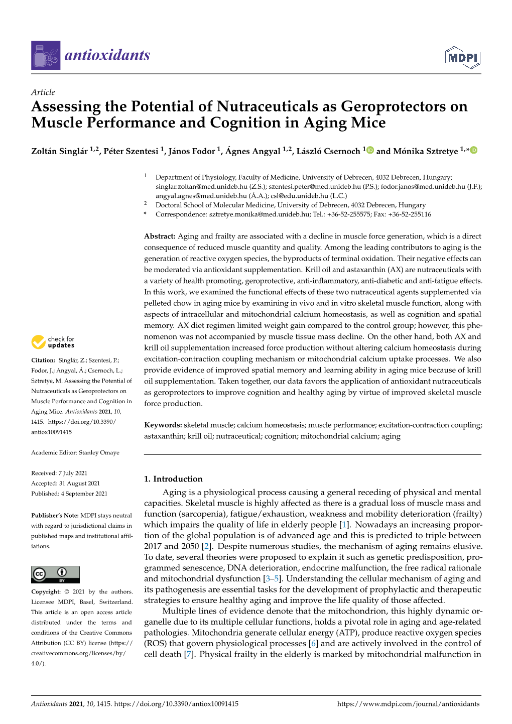 Assessing the Potential of Nutraceuticals As Geroprotectors on Muscle Performance and Cognition in Aging Mice