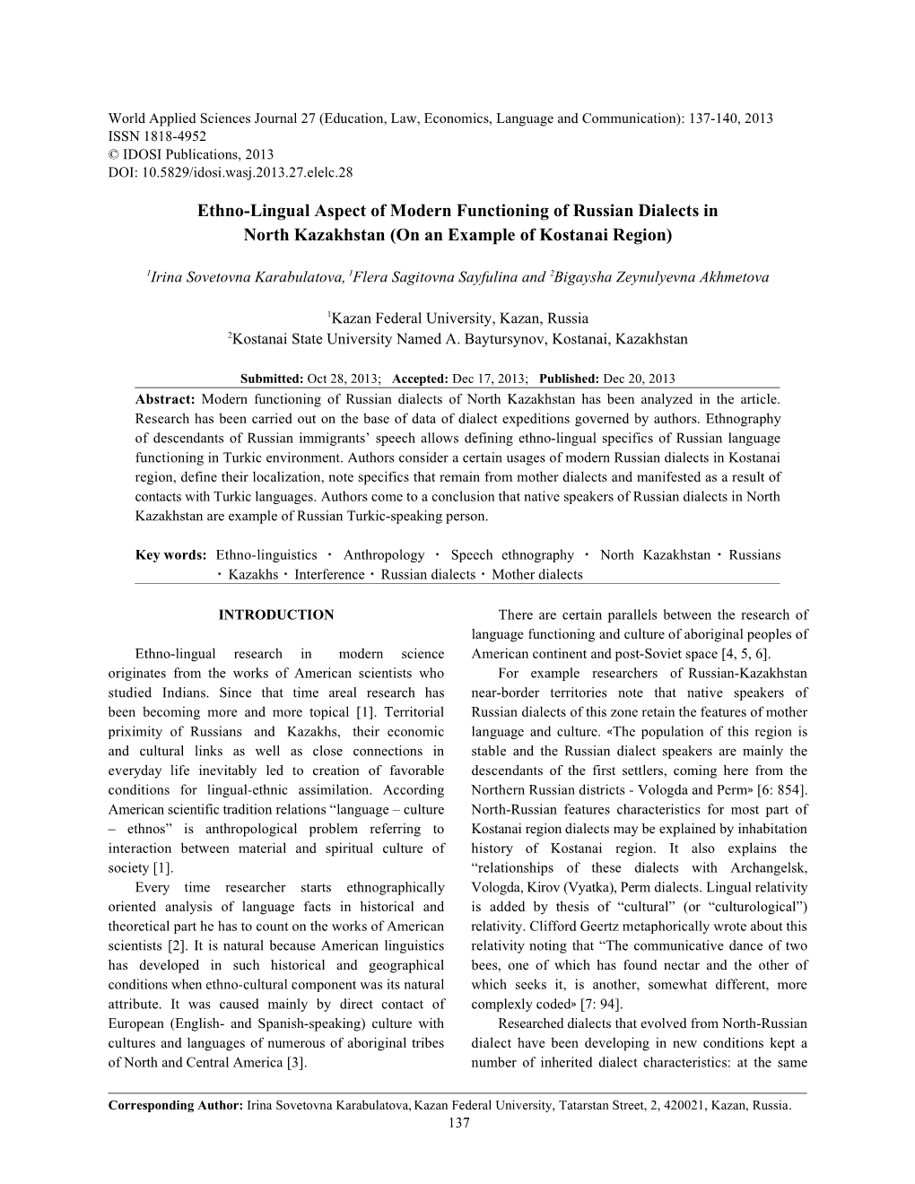 Ethno-Lingual Aspect of Modern Functioning of Russian Dialects in North Kazakhstan (On an Example of Kostanai Region)