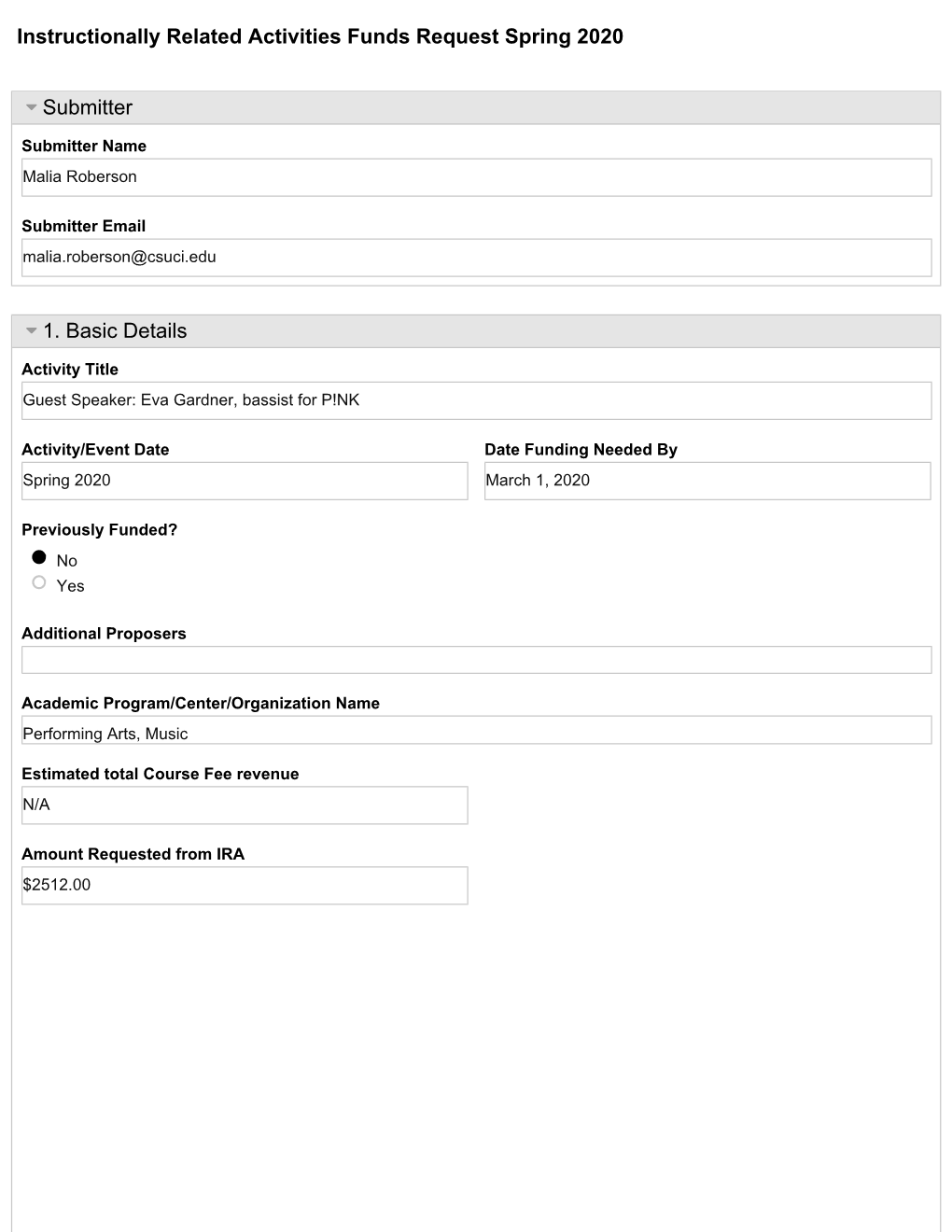 Instructionally Related Activities Funds Request Spring 2020 Submitter 1. Basic Details