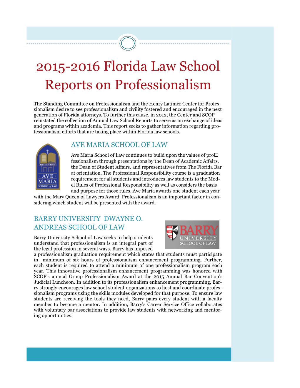 2015-2016 Florida Law School Reports on Professionalism