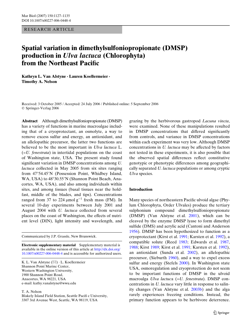 (DMSP) Production in Ulva Lactuca (Chlorophyta) from the Northeast Paciwc