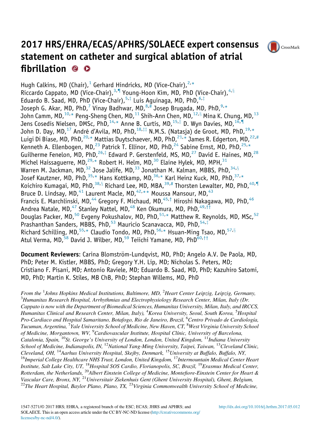 2017 HRS/EHRA/ECAS/APHRS/SOLAECE Expert Consensus Statement on Catheter and Surgical Ablation of Atrial ﬁbrillation