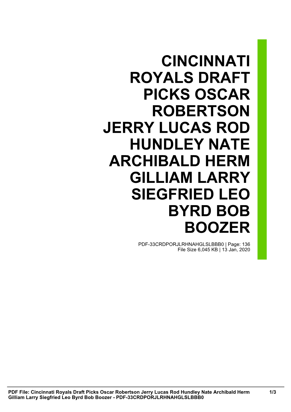 Cincinnati Royals Draft Picks Oscar Robertson Jerry Lucas Rod Hundley Nate Archibald Herm Gilliam Larry Siegfried Leo Byrd Bob Boozer