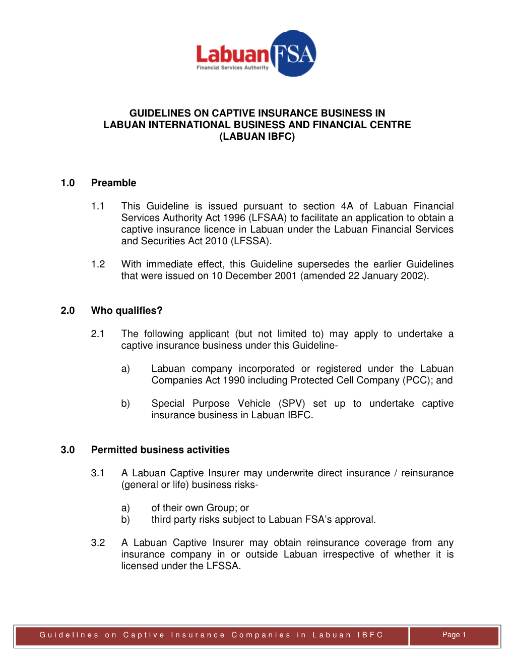 Guidelines on Captive Insurance Business in Labuan International Business and Financial Centre (Labuan Ibfc)