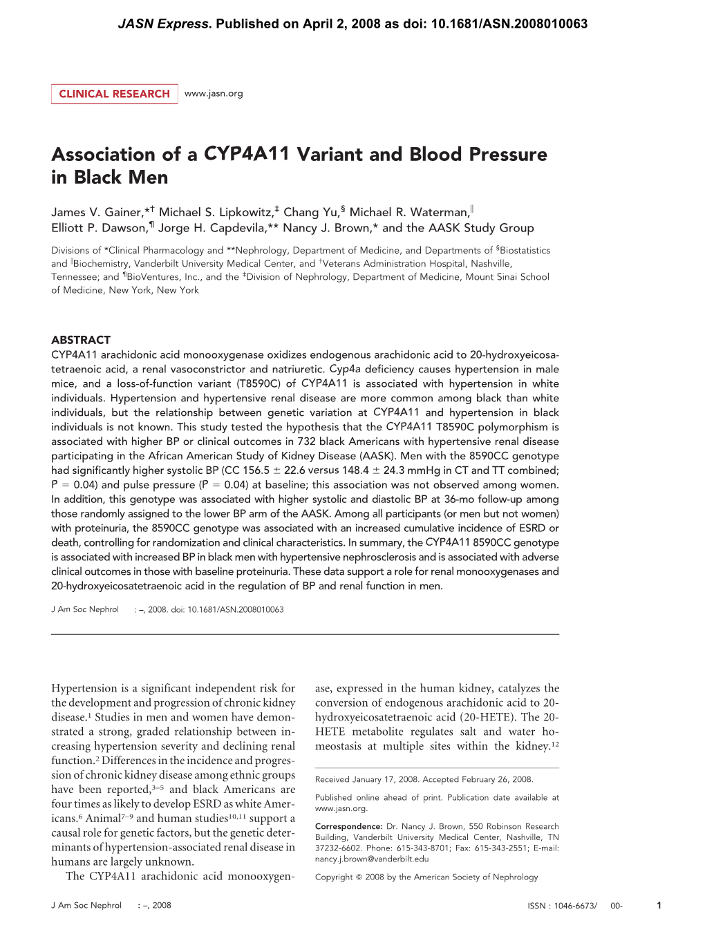 Association of a CYP4A11 Variant and Blood Pressure in Black Men