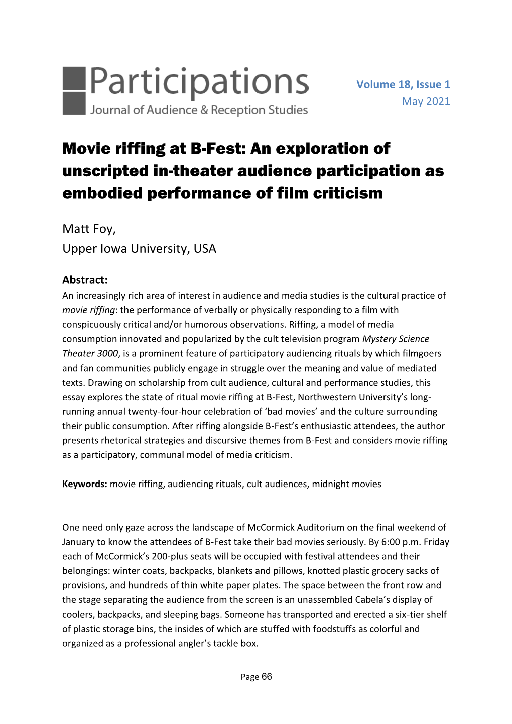 Movie Riffing at B-Fest: an Exploration of Unscripted In-Theater Audience Participation As Embodied Performance of Film Criticism