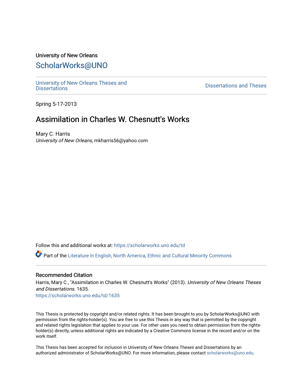 Assimilation in Charles W. Chesnutt's Works