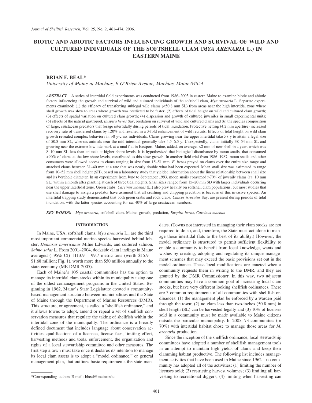 Biotic and Abiotic Factors Influencing Growth and Survival of Wild and Cultured Individuals of the Softshell Clam (Mya Arenaria L.) in Eastern Maine