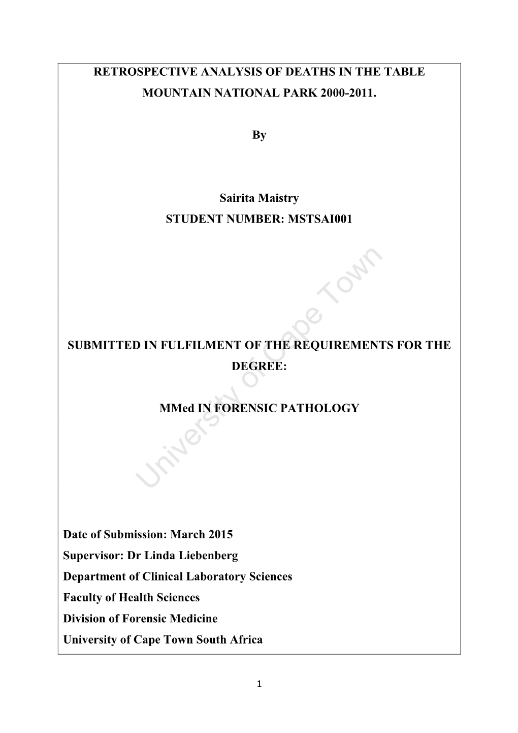 Retrospective Analysis of Deaths in the Table Mountain National Park 2000-2011