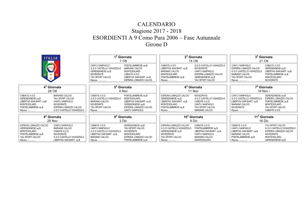 2018 ESORDIENTI a 9 Como Pura 2006 – Fase Autunnale Girone D