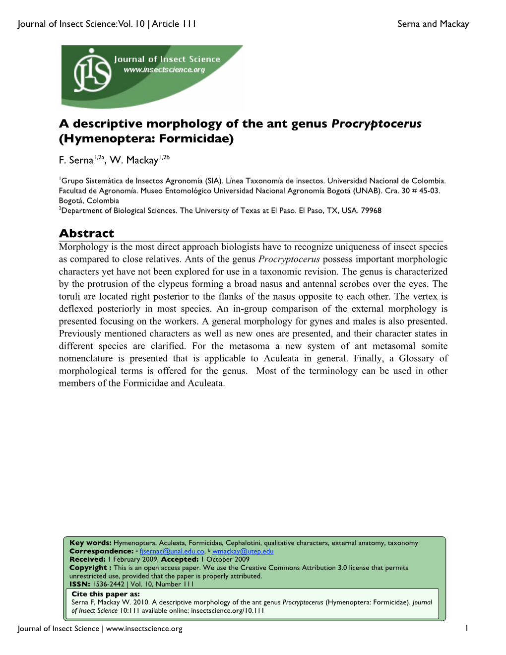 A Descriptive Morphology of the Ant Genus Procryptocerus (Hymenoptera: Formicidae)