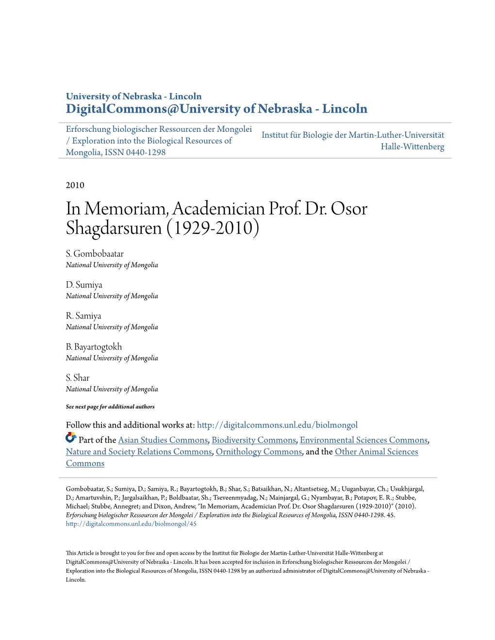 In Memoriam, Academician Prof. Dr. Osor Shagdarsuren (1929-2010) S