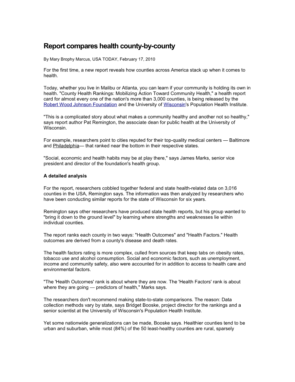 Report Compares Health County-By-County