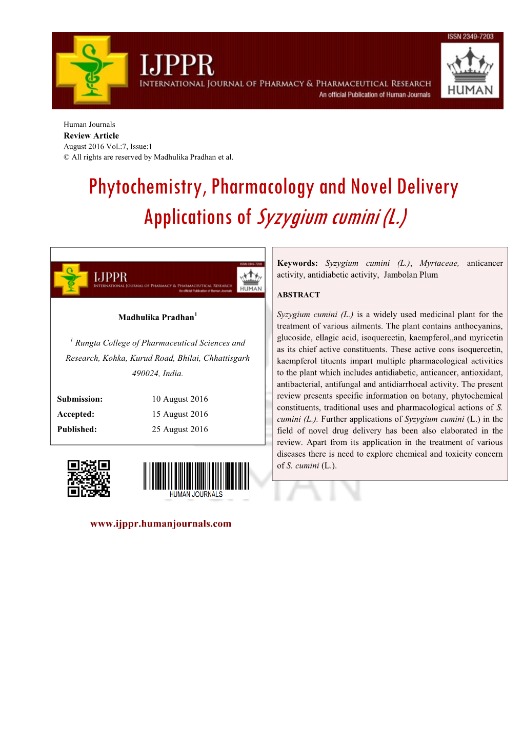 Applications of Syzygium Cumini (L.)