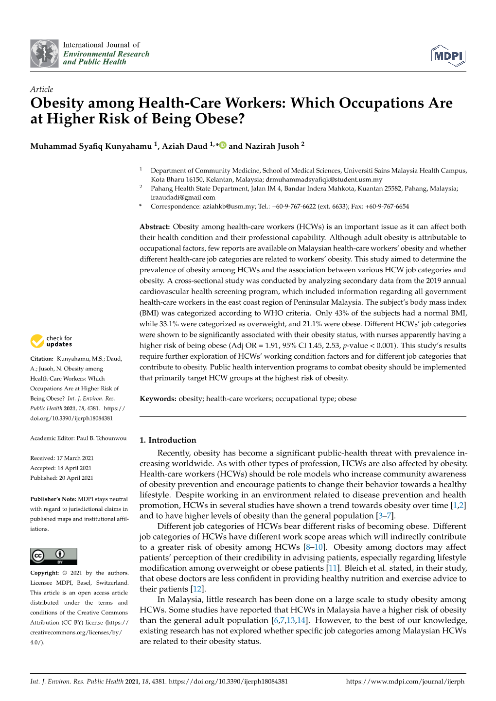 Obesity Among Health-Care Workers: Which Occupations Are at Higher Risk of Being Obese?