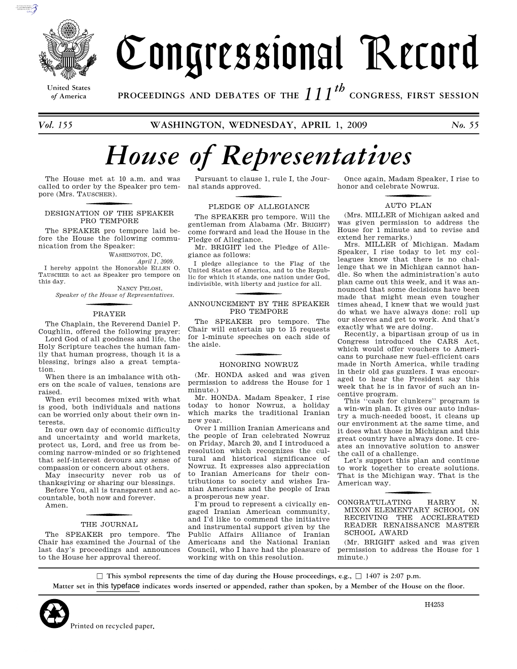 Congressional Record United States Th of America PROCEEDINGS and DEBATES of the 111 CONGRESS, FIRST SESSION