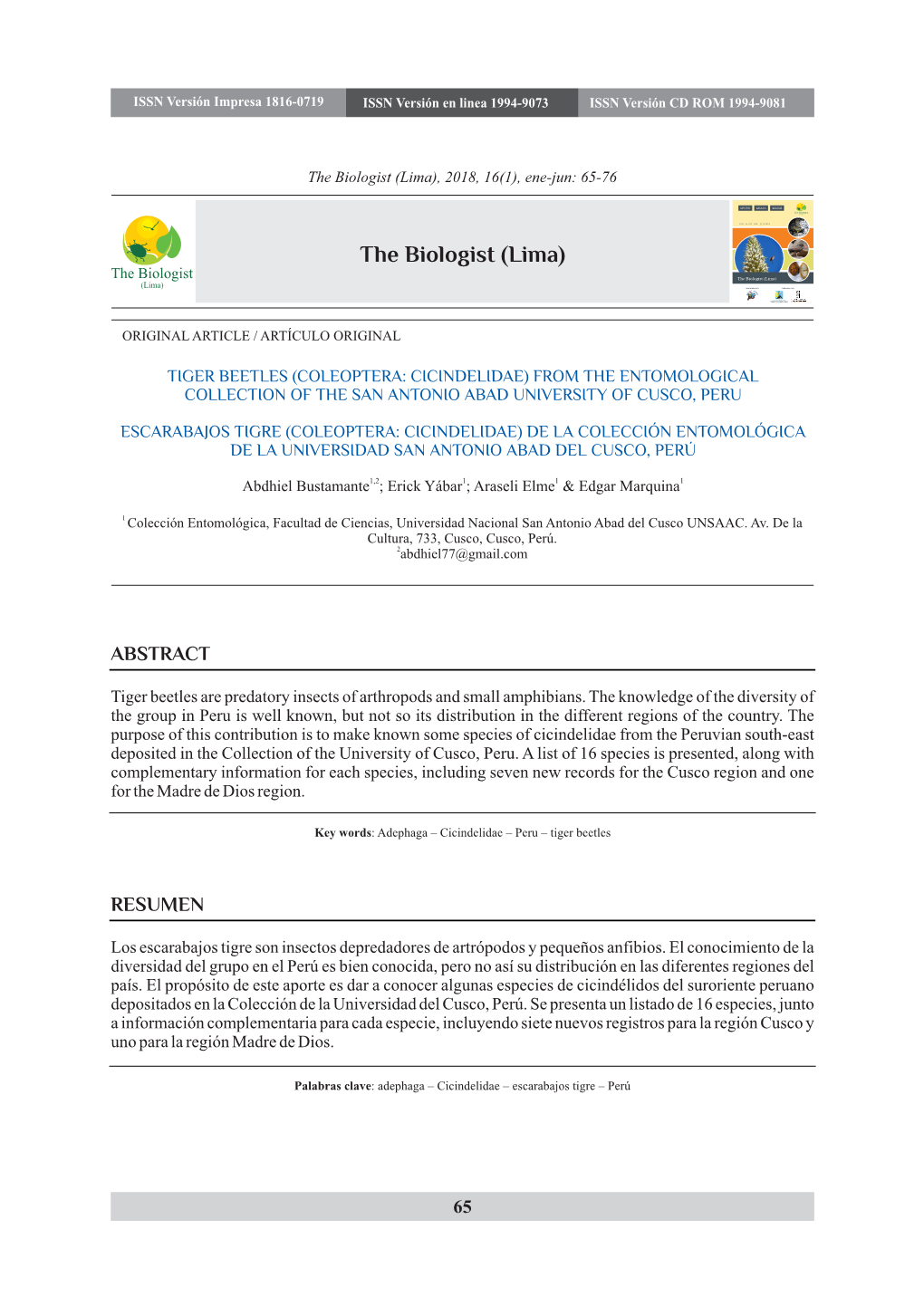 The Biologist (Lima), 2018, 16(1), Ene-Jun: 65-76