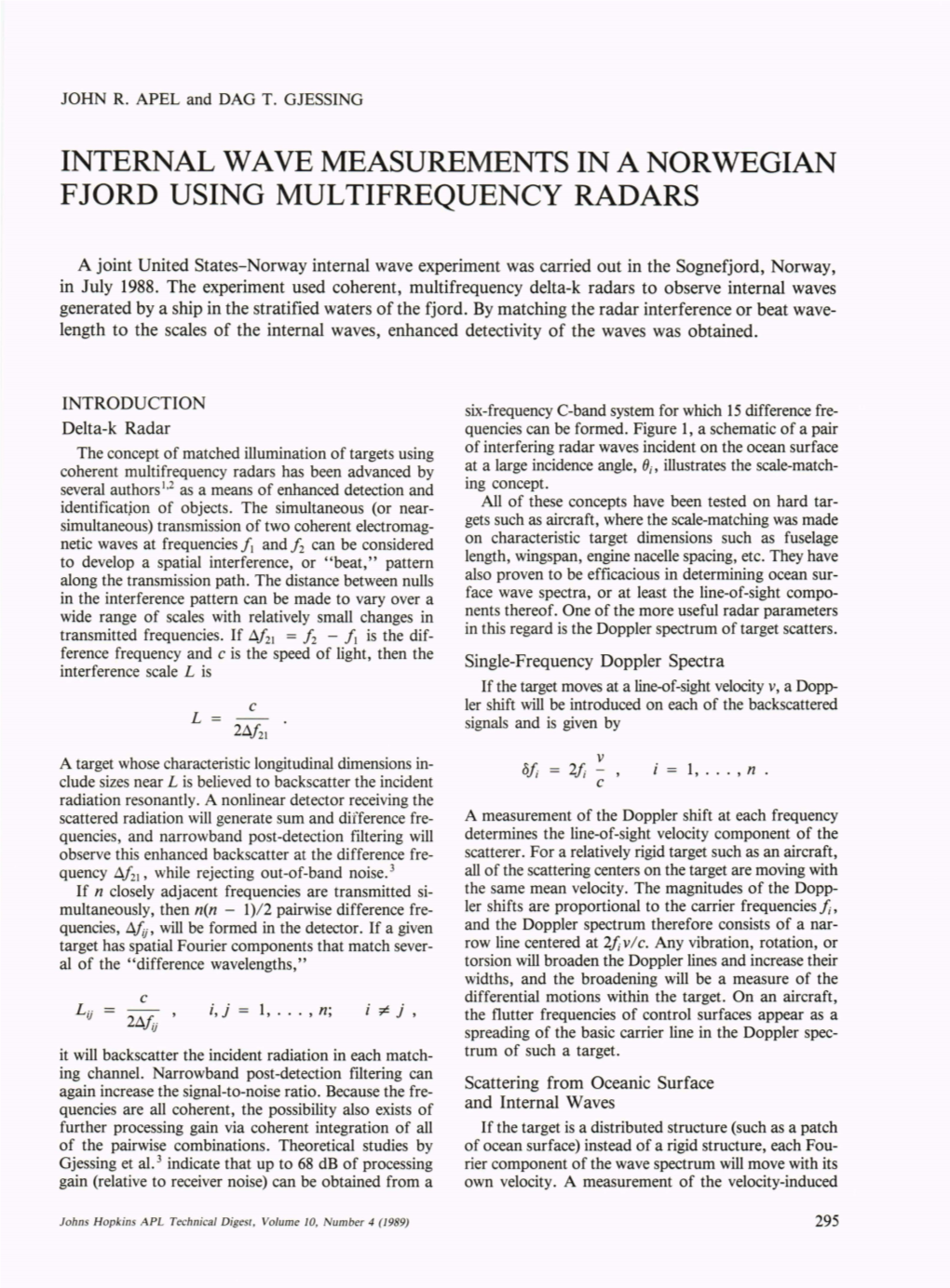 Internal Wave Measurements in a Norwegian Fjord Using Multifrequency Radars