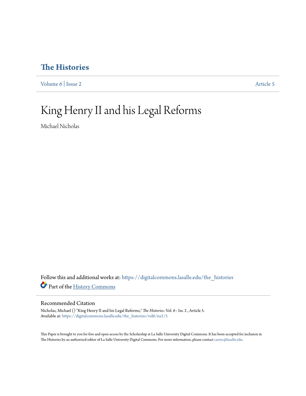 King Henry II and His Legal Reforms Michael Nicholas