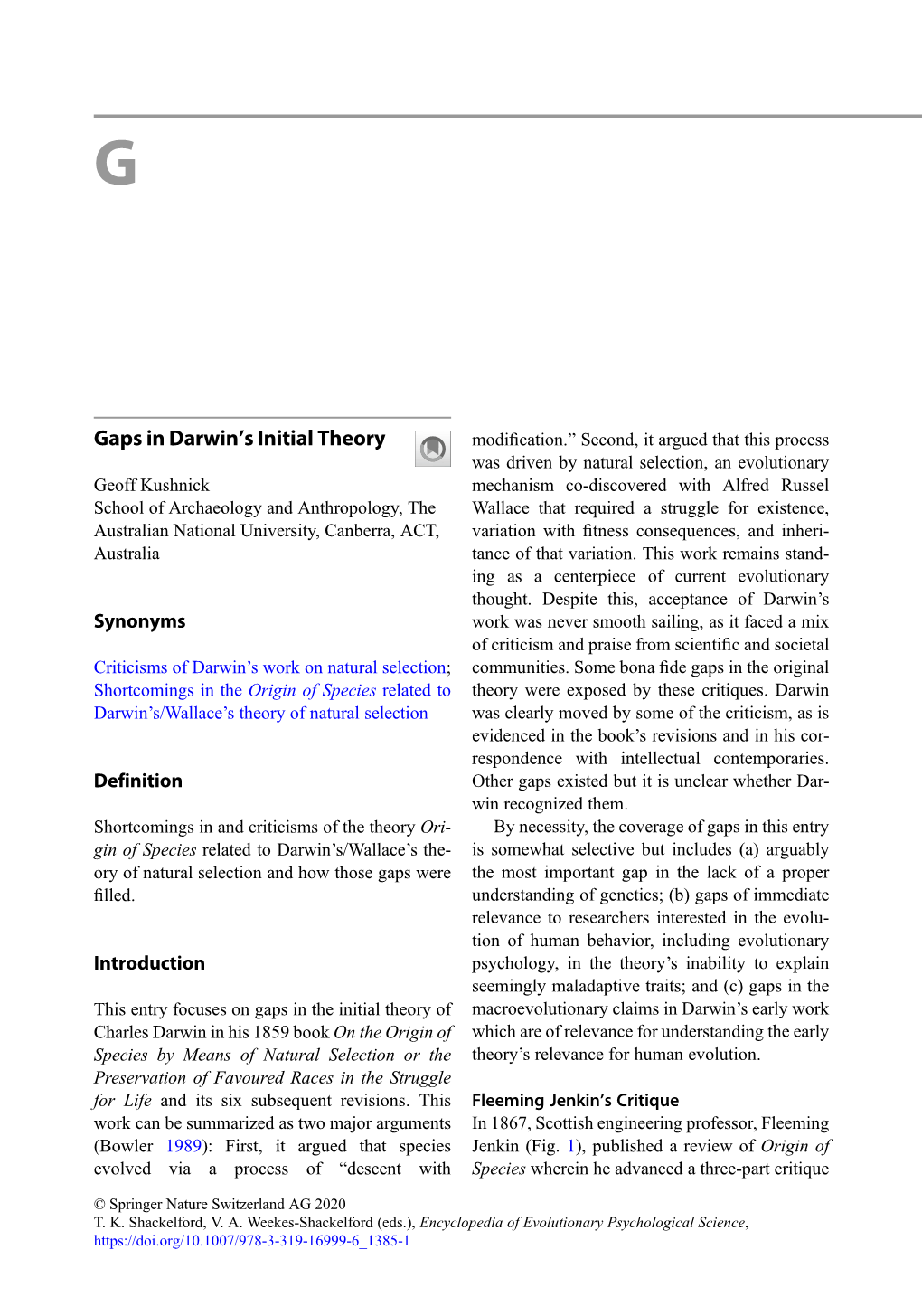 Gaps in Darwints Initial Theory