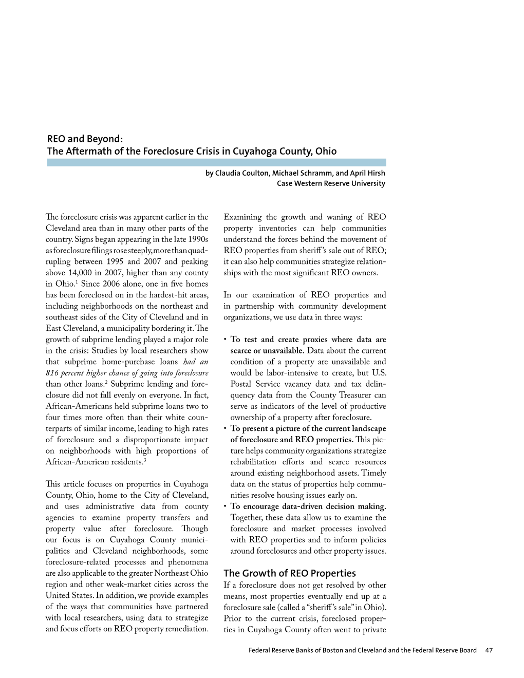 REO and Beyond: the Aftermath of the Foreclosure Crisis in Cuyahoga County, Ohio