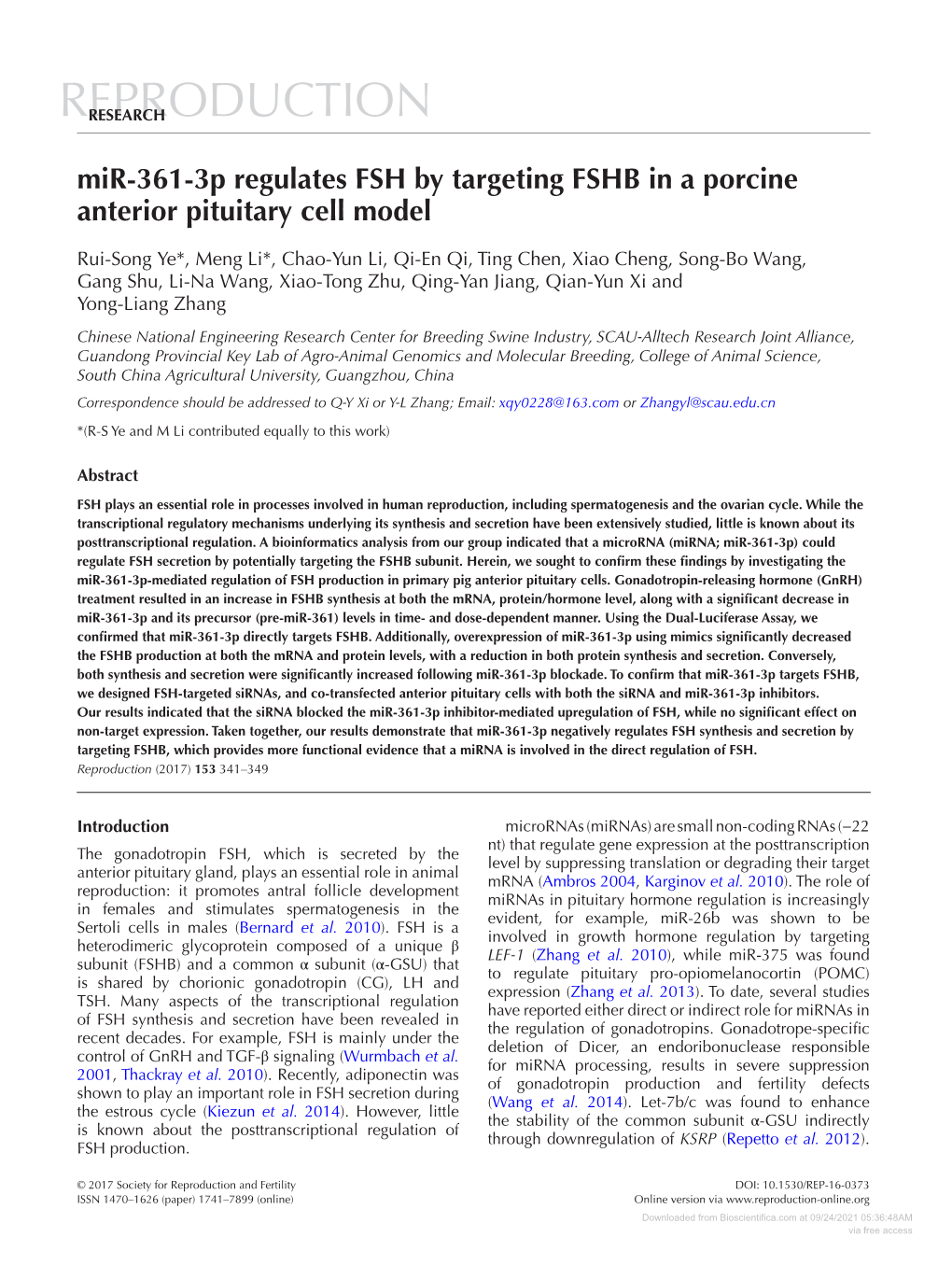 Mir-361-3P Regulates FSH by Targeting FSHB in a Porcine Anterior Pituitary Cell Model