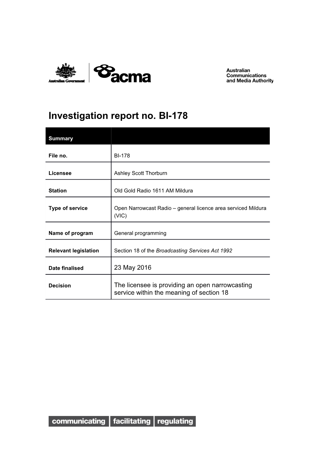 Investigation Report No. BI-178