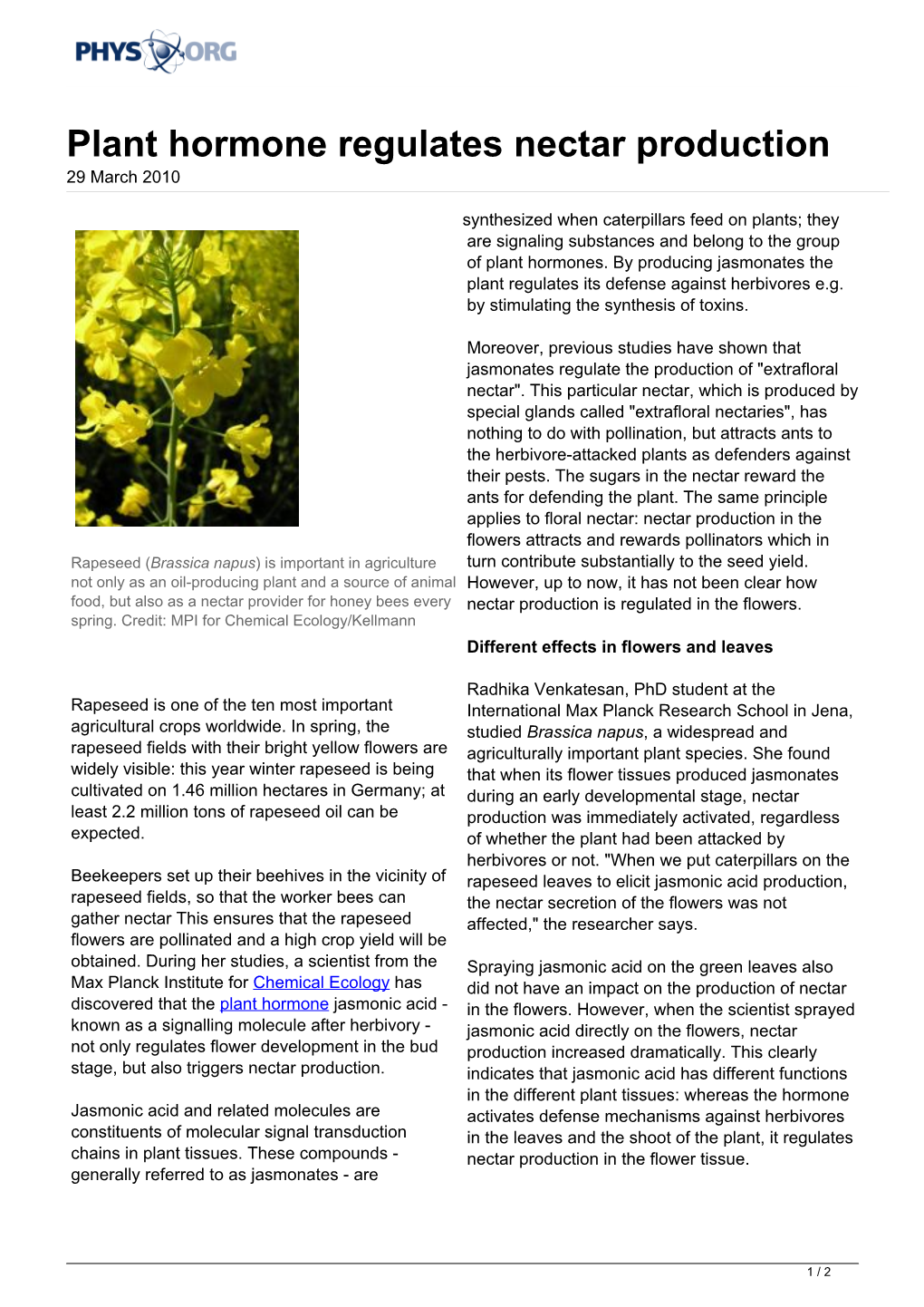 Plant Hormone Regulates Nectar Production 29 March 2010