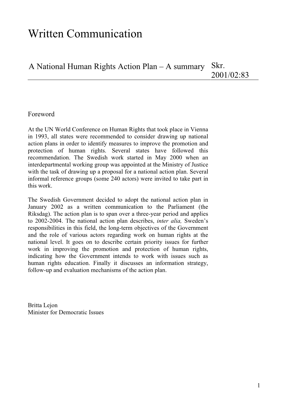 A National Human Rights Action Plan – a Summary Skr