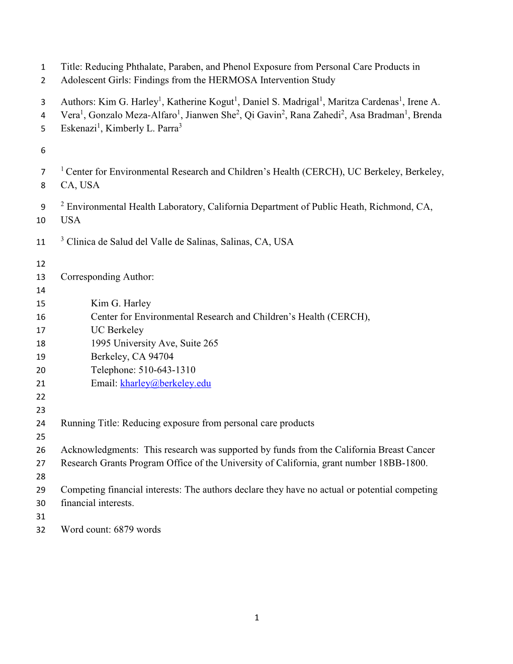 Reducing Phthalate, Paraben, and Phenol Exposure from Personal Care Products in 2 Adolescent Girls: Findings from the HERMOSA Intervention Study