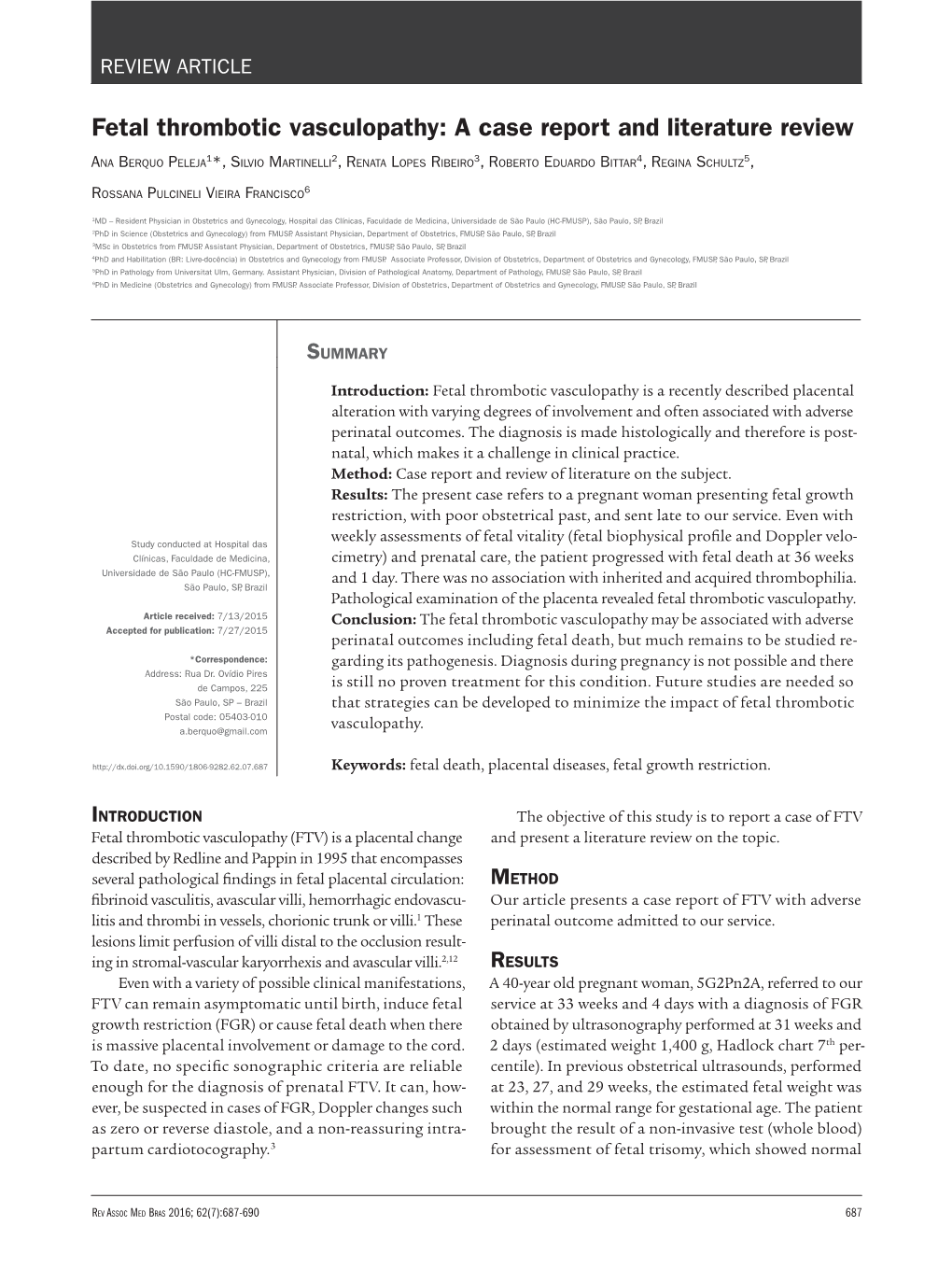 Fetal Thrombotic Vasculopathy: a Case Report and Literature Review