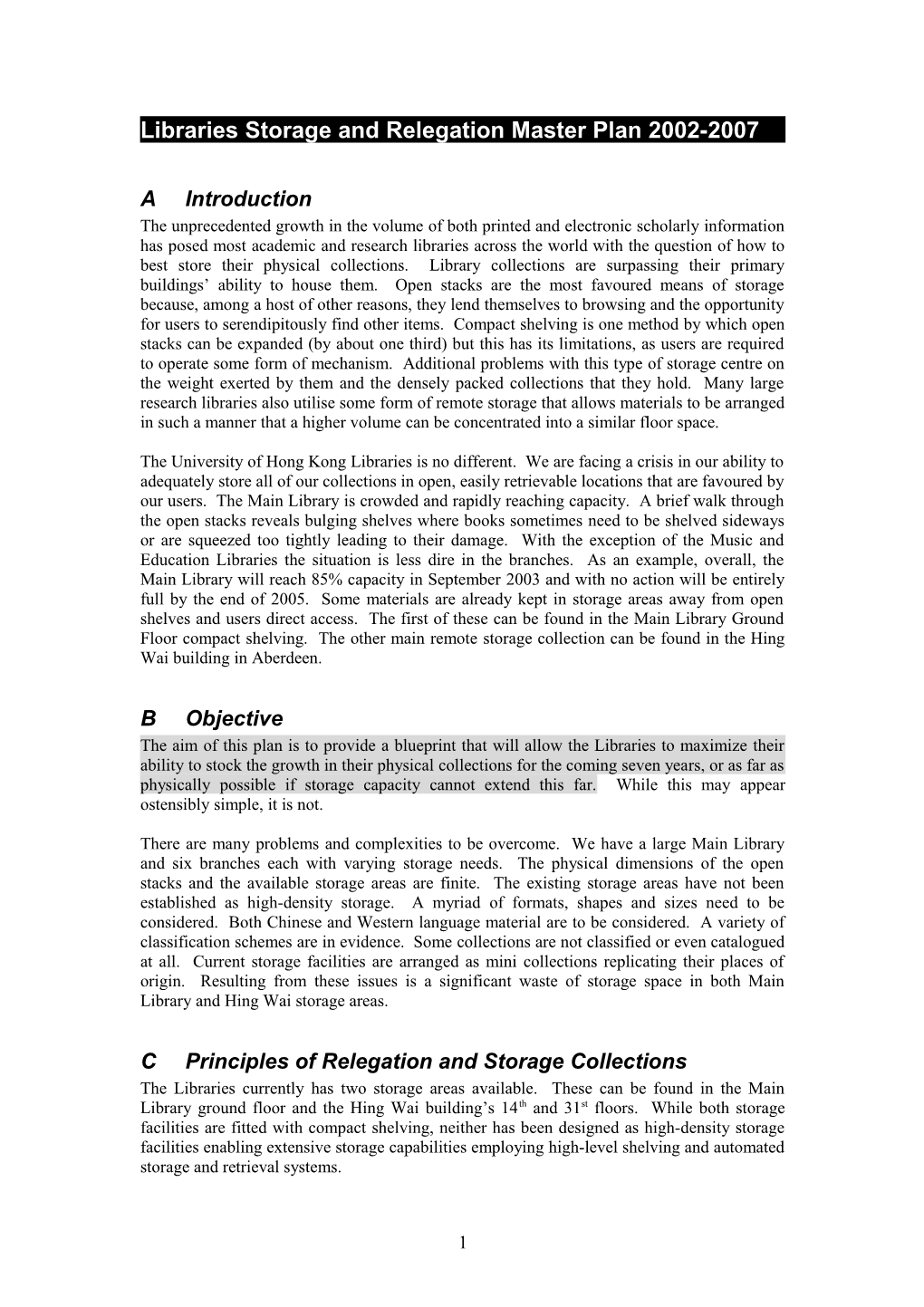 Library Storage and Relegation Master Plan 2002-2009