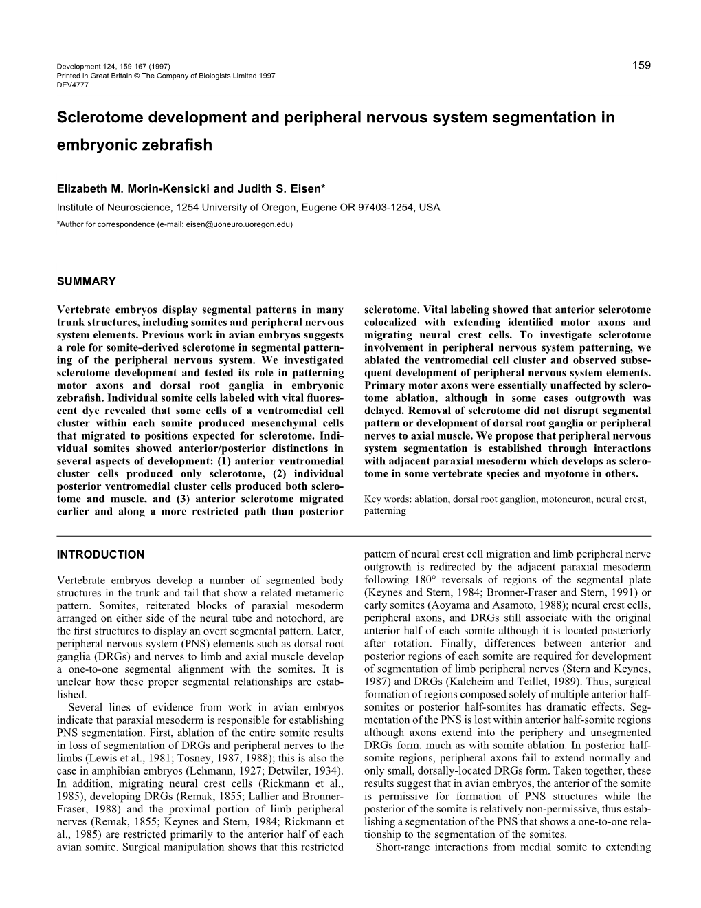 Sclerotome Development and Peripheral Nervous System Segmentation in Embryonic Zebraﬁsh